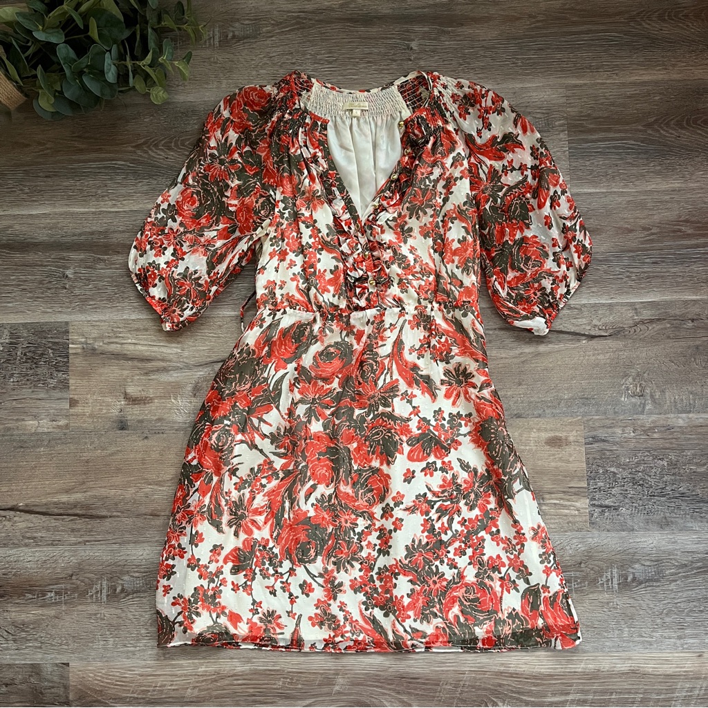 Shoshanna Silk Floral Print Dress With Smocking, Puff Sleeves, And Button Front